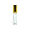 BOTELLA TRANSPARENTE CUADRADA C/ATOMIZADOR DORADO - 10 ml (E227)