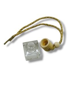 BOTELLA CUADRADA VIDRIO TRANSP. COLGANTE C/TAPÓN Y TAPA - 8 ml (E288)